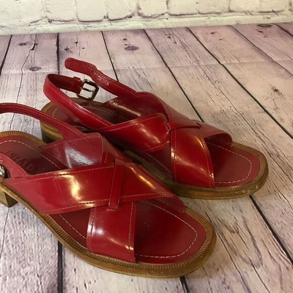 Prada Classic Red Patent Slingback Buckle Sandals Made in Italy Size (39.5) 9.5 - Picture 3 of 16